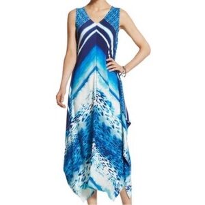 NWT Chico's Watercolor Chevron Modern Hem Midi Dress Blue Multi Generous Size XS